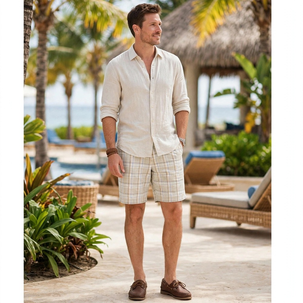Tommy Bahama Mens Plaid Linen Silk Blend Shorts Tan Blue Size 35 Flat Front